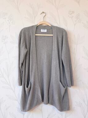 Old Navy Womens S Gray Longline Cardigan Sweater Open Front Rib Knit Pockets